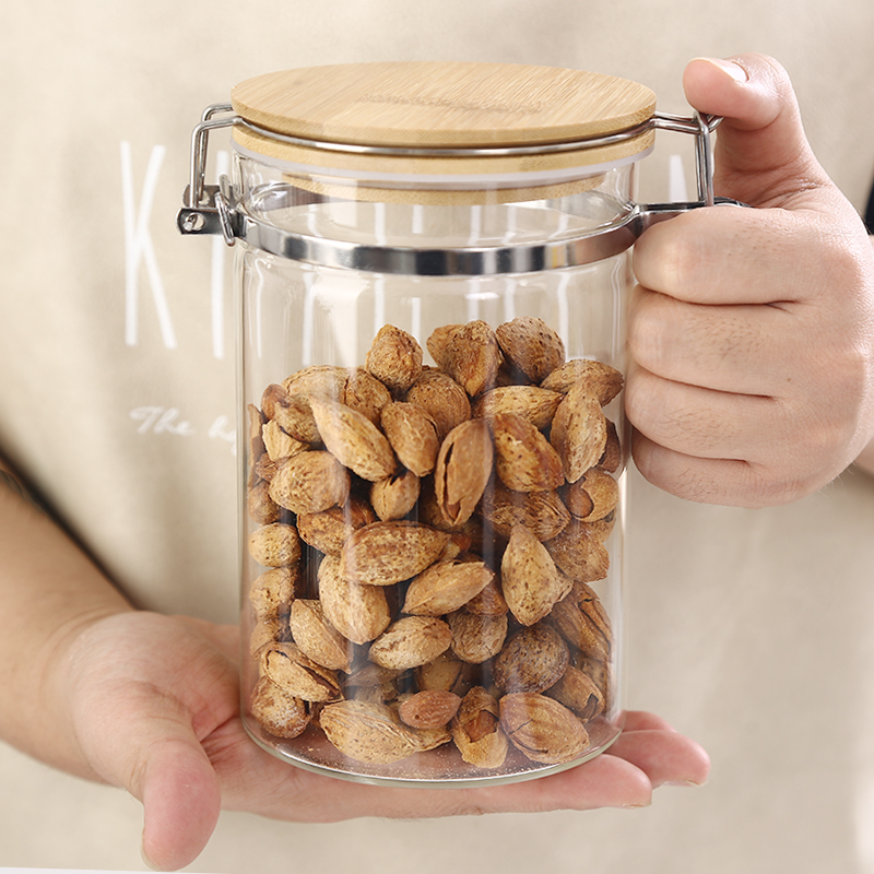 Bamboo seal top jars glass food storage canister with hinged lids for kitchen food coffee beans