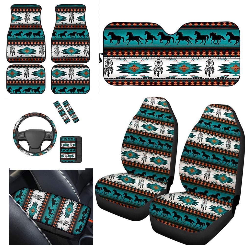 Чехлы для автомобильных сидений Navajo Aztec, этнический принт лошадей, универсальные автомобильные декоративные Чехлы для передних сидений с солнцезащитным козырьком, набор из 11