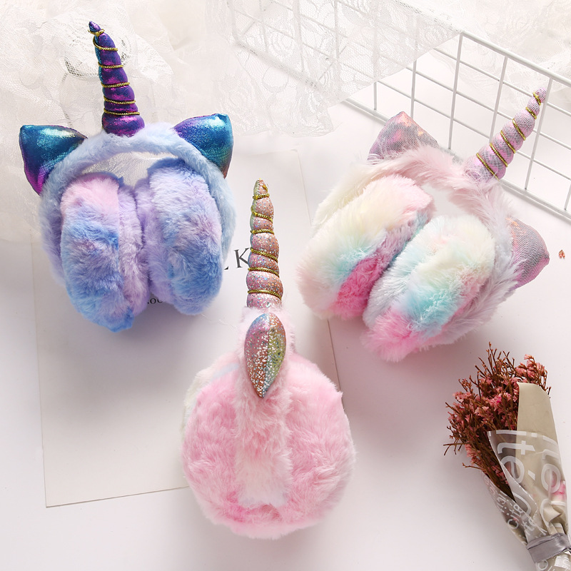 2020 оптовая продажа Зимние плюшевые теплые наушники Tie Dye Симпатичные супер мягкие длинные бархатные плюшевые наушники единорога для детей