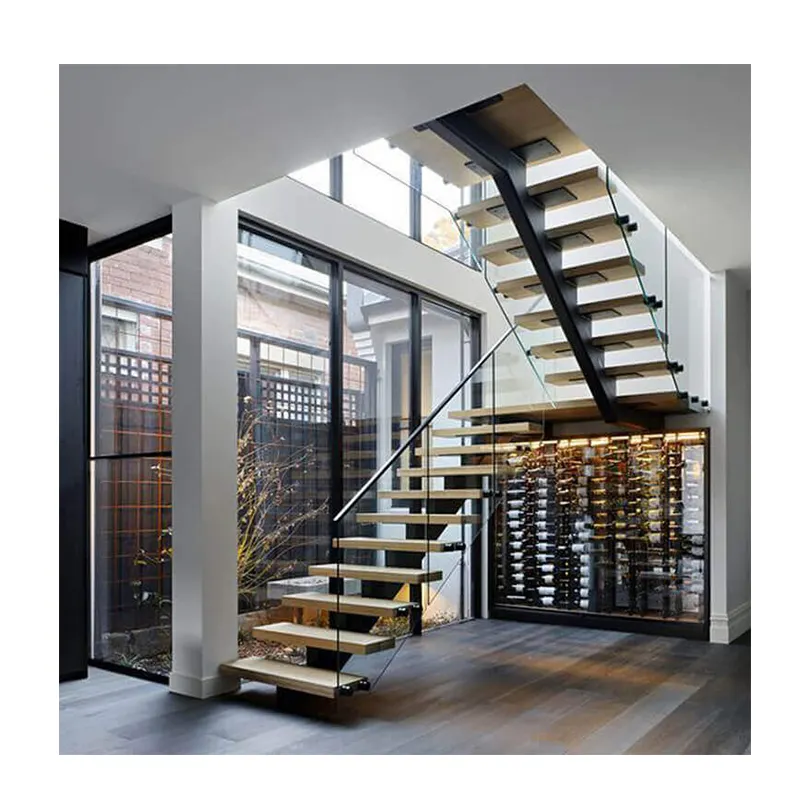 indoor Straight wood tread glass railing Modern Floating Staircase/Prefab led light wood Stair