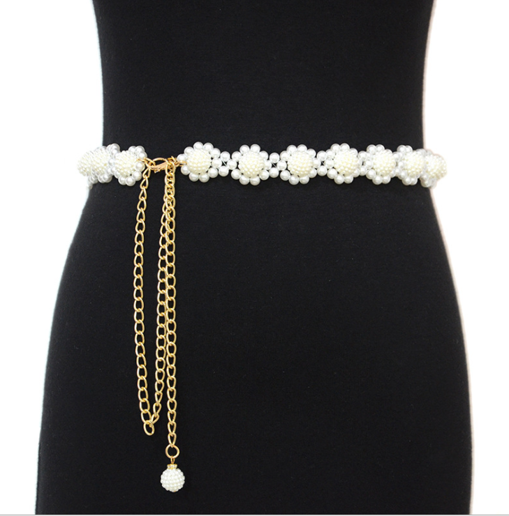 Summer Pearl Ladies Dress Belt Elegant Flower Women Waist Belt adjust Chain Female Belt Girls pearl Strap Waistband