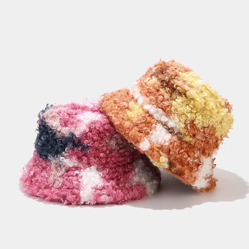 Custom Personalized Lamb Wool Vintage Tie Dye Ribbon Women Winter Fisherman Plush Fluffy Furry Fuzzy Bucket Hat