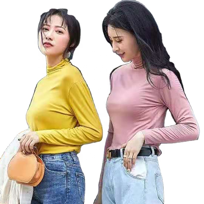 New 2021 Ladies Long Sleeve Casual Turtleneck Shirts Sexy Super Stretch Tshirts Solid Top Women Trendy Crop Tops