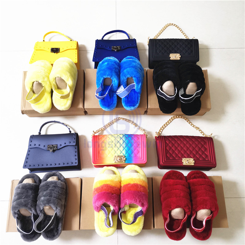 2020 lady shoulder rivet handbags colorful PVC bag tote matte small jelly purse match real wool slides