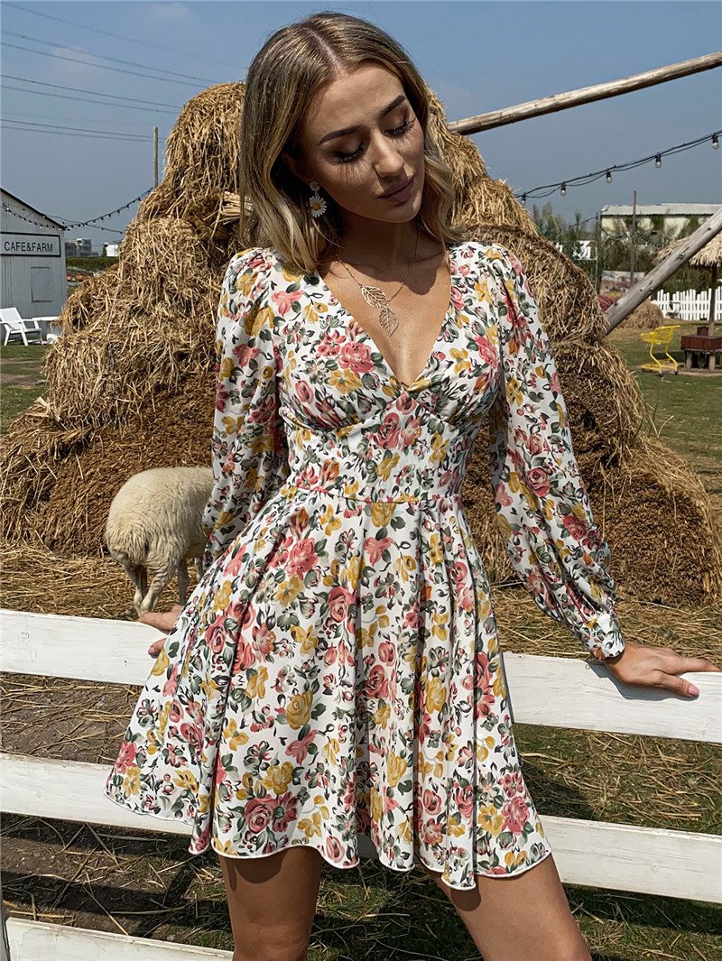 Женская одежда 2021 Shein vestidos от производителя Женская одежда с длинным рукавом V-образным вырезом женское Цветочное платье с принтом женское Повседневное платье фигуристки