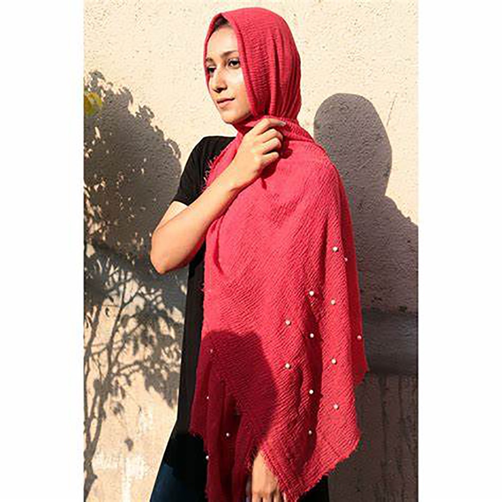 Wholesale Crinkle Lightweight Pearl Gauzy Solid Color Woven pleated Women Hijab Cotton Scarf