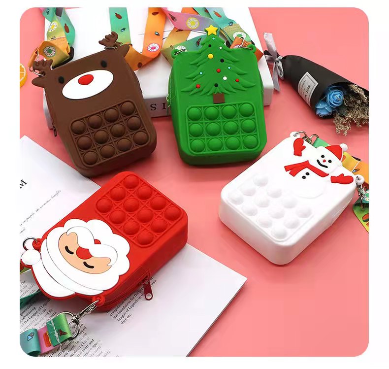 silicone reindeer pop it bag snowman fidget pop up shoulder bag christmas tree Santa Clause pop bubble coin purse for kid girls