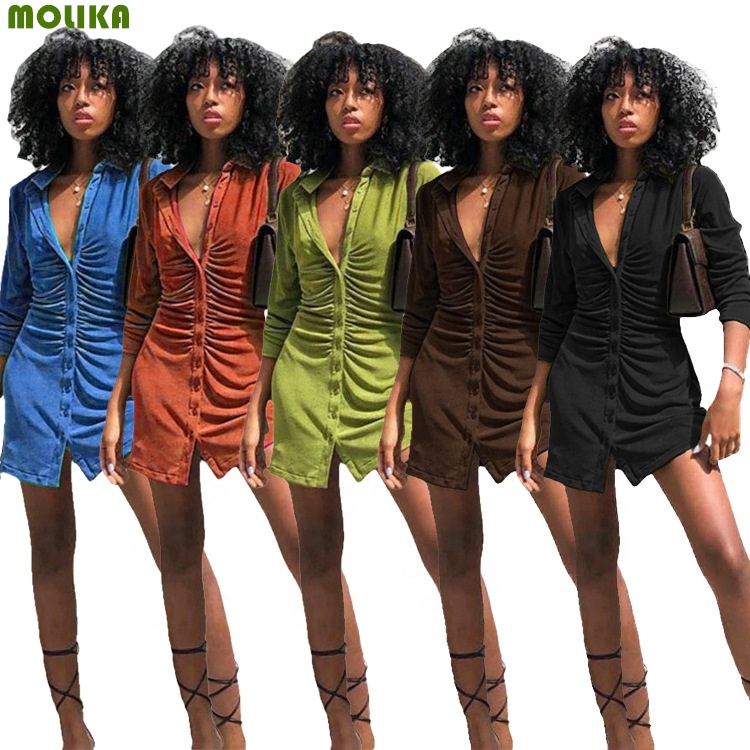 Autumn Black Split Long Sleeve Velvet Bodycon Dress Women Turn-Down Collar Single-breasted Basic Shirt Casual Dress