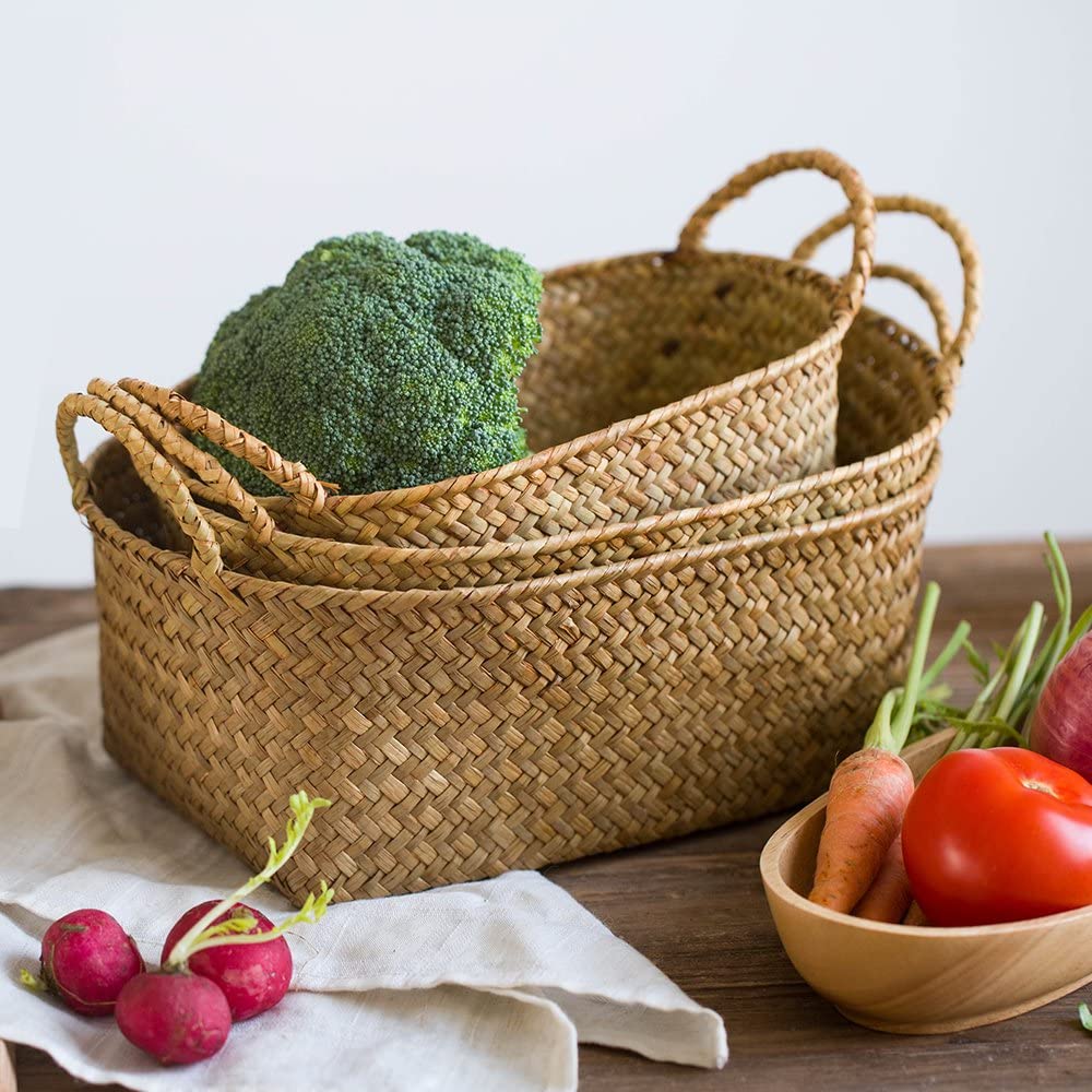 3 комплекта соломы тканые сумки для хранения продуктов питания для водорослей подарок продукты Органайзер также плетеные корзины для хранения продуктов питания плетеная корзина из морских водорослей