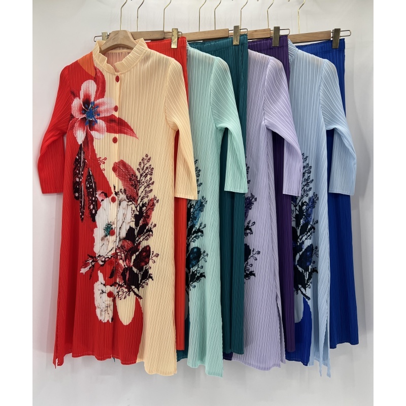 Tianbao Miyake 2024 new printed breasted cardigan press lapel long sleeve temperament large size women's trousers