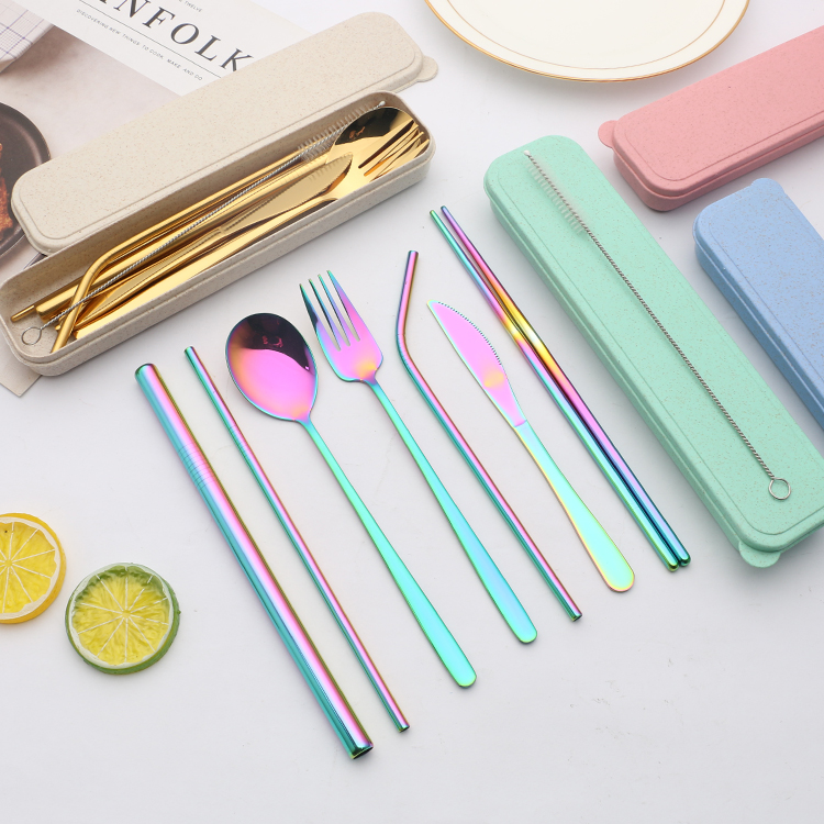 Portable Stainless Steel Travel Camping Cutlery Knife Fork Spoon Chopsticks Straw Set With wheat case