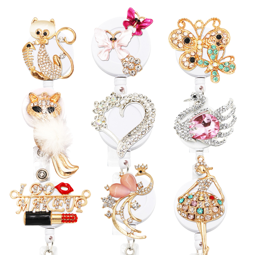 Медсестринские ID значки держатель Аллигатор клипса Bling выдвижные клипсы смешанный стиль горный хрусталь бейдж катушка