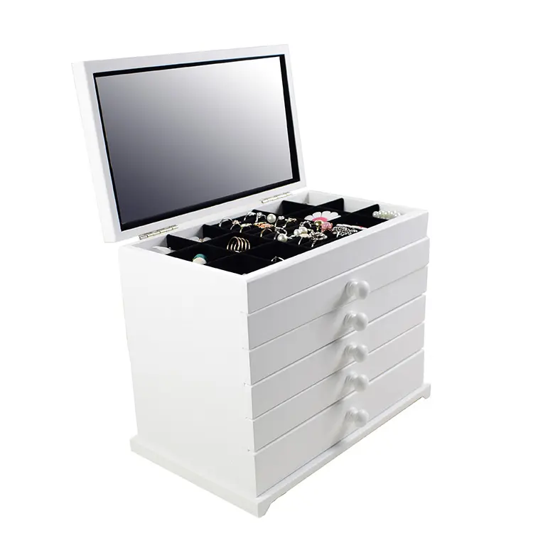 High quality white custom lacquer box lacquer jewelry box with 5 drawes mirror jewelry storage box