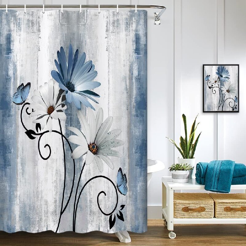 Rustic Farmhouse Floral Flowers and Butterfly on Country Wooden Shower Curtain for Bathroom