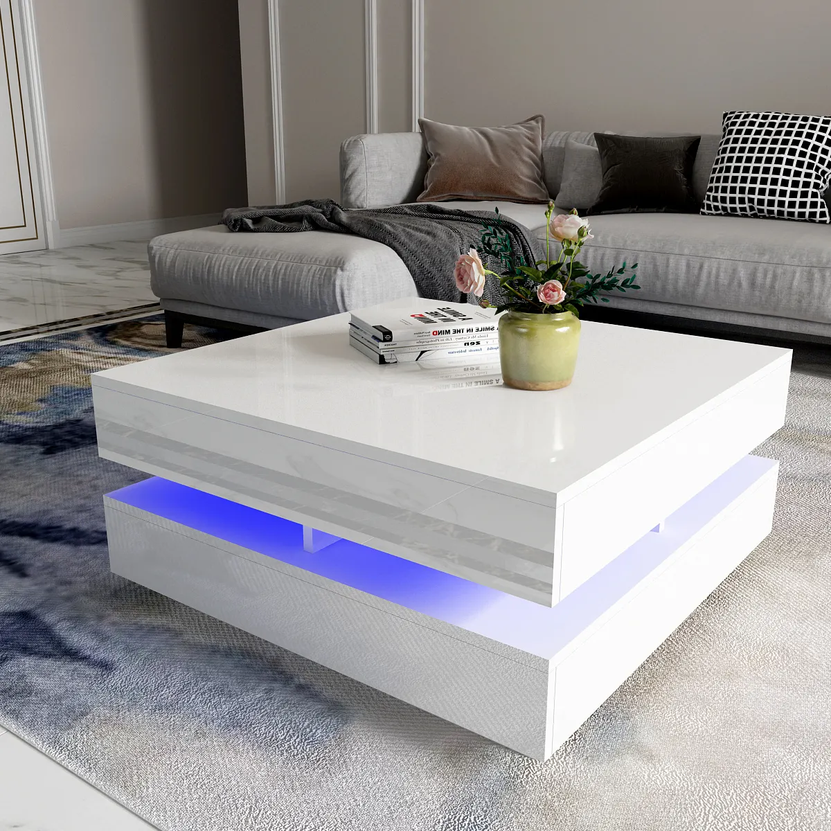 Modern minimalist living room home coffee table high-gloss compact tea table with LED lights