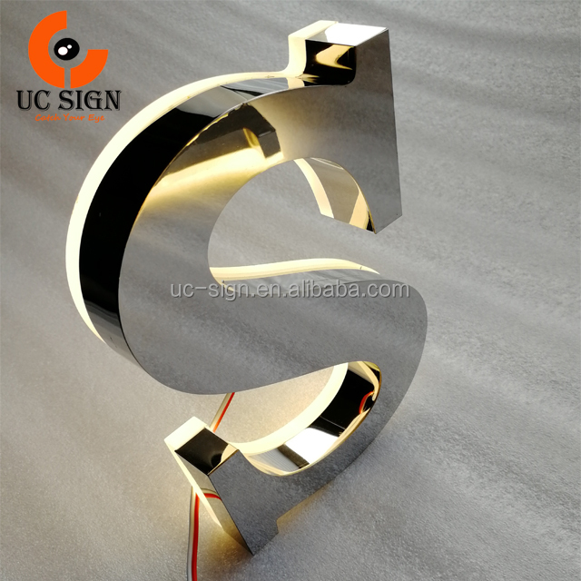 China custom Shop logo signboard 3D Mirrored Stainless Steel letter signage LED Backlit Sign