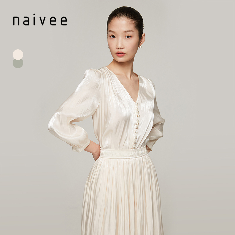 Весенняя серия naivee, качественные блестящие тканевые женские топы в стиле ретро с v-образным вырезом, элегантная блузка
