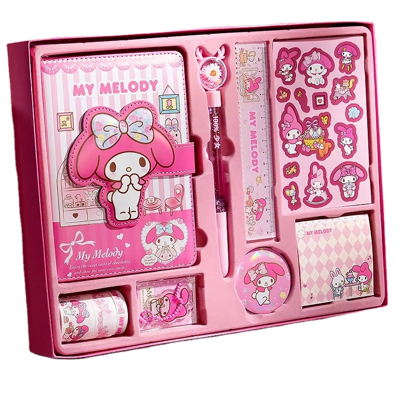 Kuromi Student hand ledger gift boxnotebook Kawaii Melody Cinnamroll Cartoon Magnetic Buckle Student Stationery Set