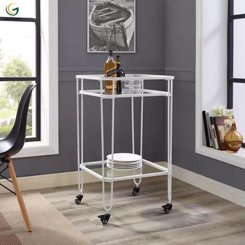 Modern Kitchen Furniture Metal Frame Glass Rack Drink Trolley Tea Bar Cart