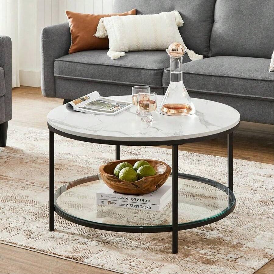 Minimalist Modern Home Furniture 2-Tier Round Glass Marble Top Coffee Tea Table For Living Room