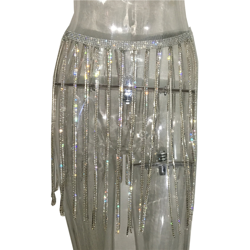 New 2021 Women's summer new shiny long tassel skirt rhinestone body chain dress beach bikini body jewelry Belts
