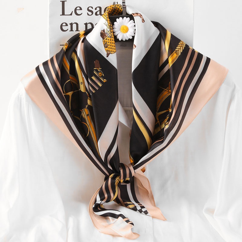 Wholesale printed square scarf designer hair scarf famous brands for women's belt style silk scarf 90*90
