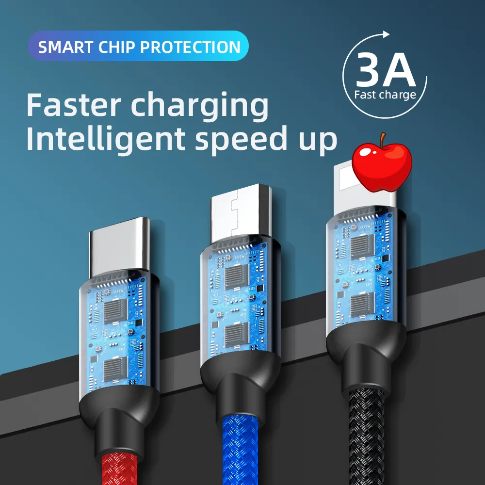 Longer Reach 3A Fast Charging I6 V8 Type-C 3-Connector In Same With Cable Different Color Branches