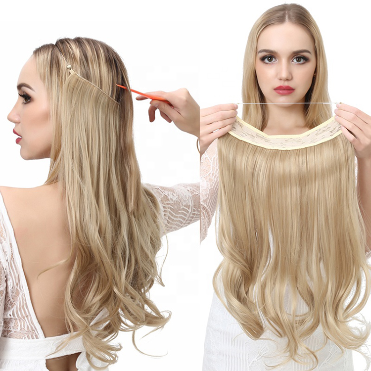 Invisible Wire Hair Extensions Secret Transparent Fish Line NO CLIP in Curly Wavy Hidden Crown Secret Hairpiece for Women