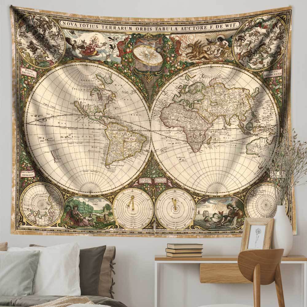 Vintage World Map Tapestry Antique Old Nautical Map of the World Wall Art Tapestry Wall Hanging
