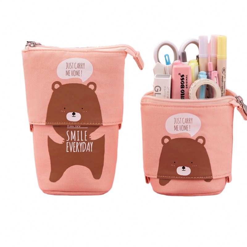Cute Girly School Kids PU Retractable Stationery Holder Canvas Tsuki Pop-up Pen Bag Pouch Standing Up Telescopic Pencil Case