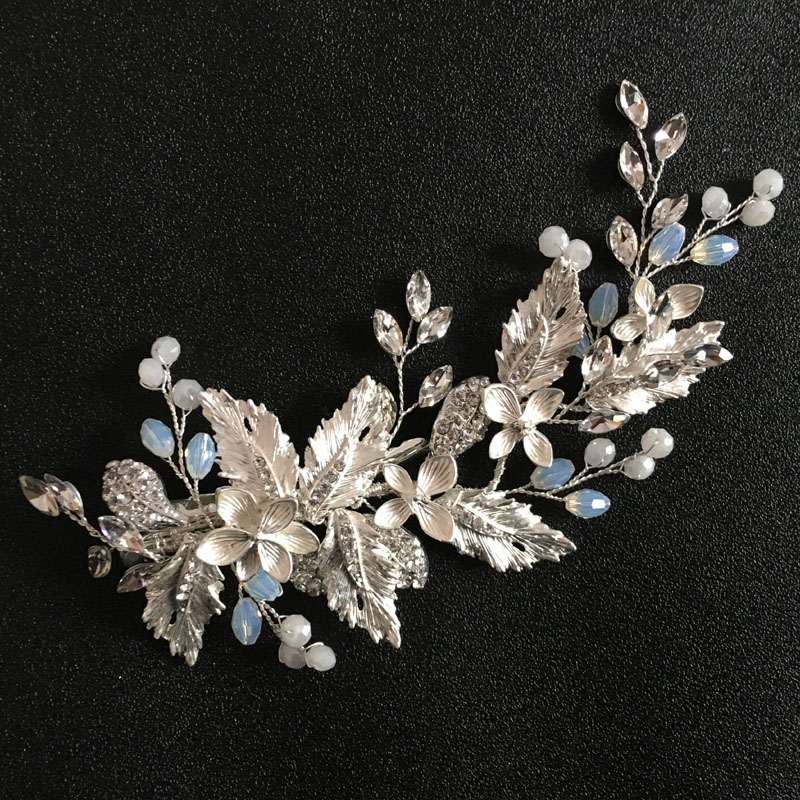 SLBRIDAL сплав прозрачные бусины Австрийские кристаллы стразы цветок Leaf Свадьба зажим для волос Заколки свадебный головной убор женские аксессуары для волос