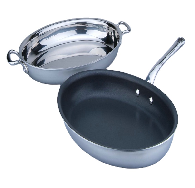 Yunfu Oval Fish 3-ply Frypan Non-stick Stainless Steel Frying Pans & Skillets General Use for Gas and Induction Cooker Kitchen