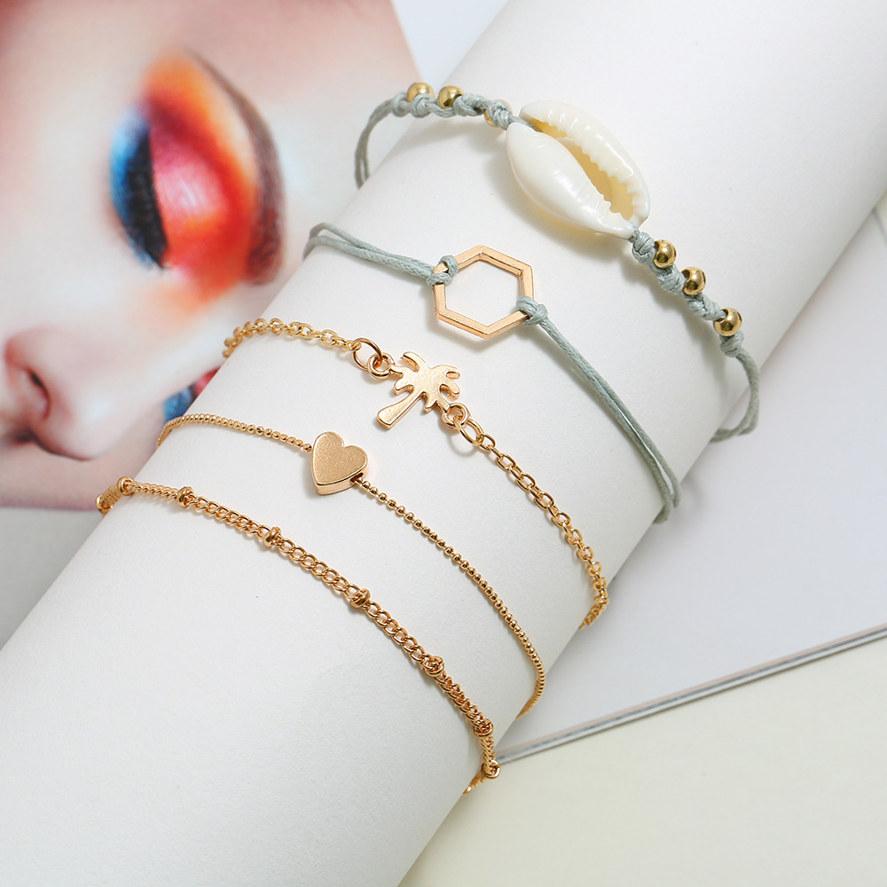 Summer New Natural Shell Handmade Woven Bracelet Coconut Tree Heart Chain Bracelet 5 Piece Set Bracelet Jewelry