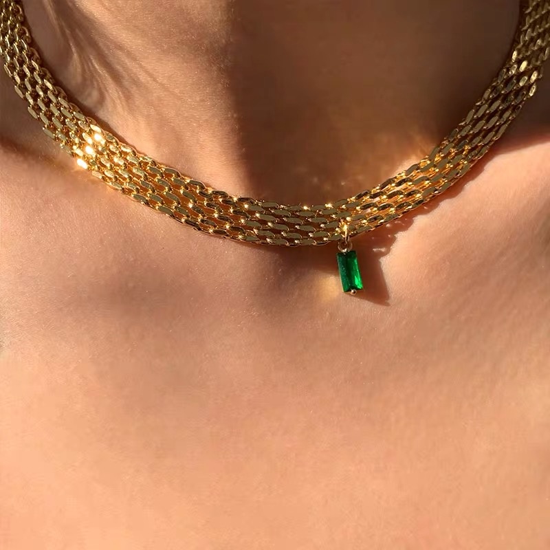 Прямая доставка, яркие штаны для девочек, крупное колье 18k позолоченное старинное вискозная сетка колье зеленый циркон ожерелье из циркона квадратной стальное ожерелье цепь