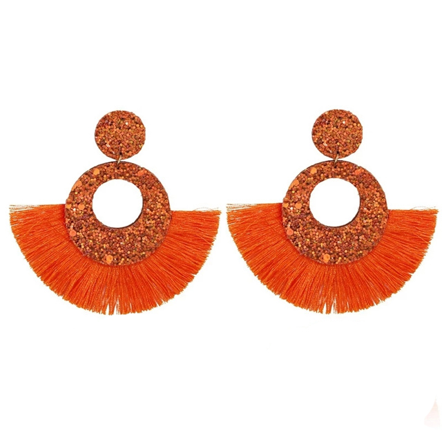 Bohemian Beach Holiday Jewelry for Women Round Glitter Orange Pink Tassel Drop Earrings