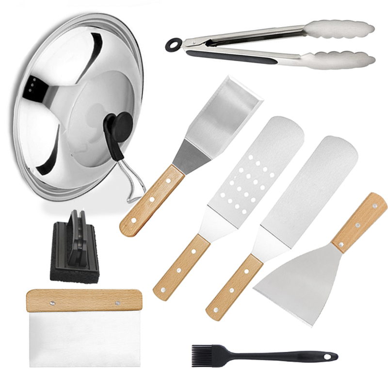 RAYBIN custom heavy duty 9 Pieces Set griddle accessories aluminium wooden shovel with tongs