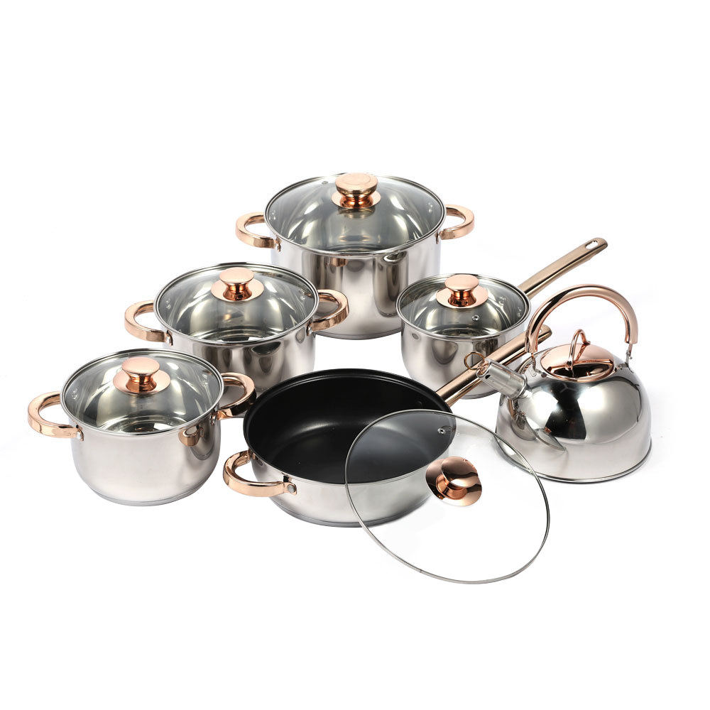 12pcs Wholesale golden plating induction Stainless Steel Kitchenware cooking pots Cookware Sets