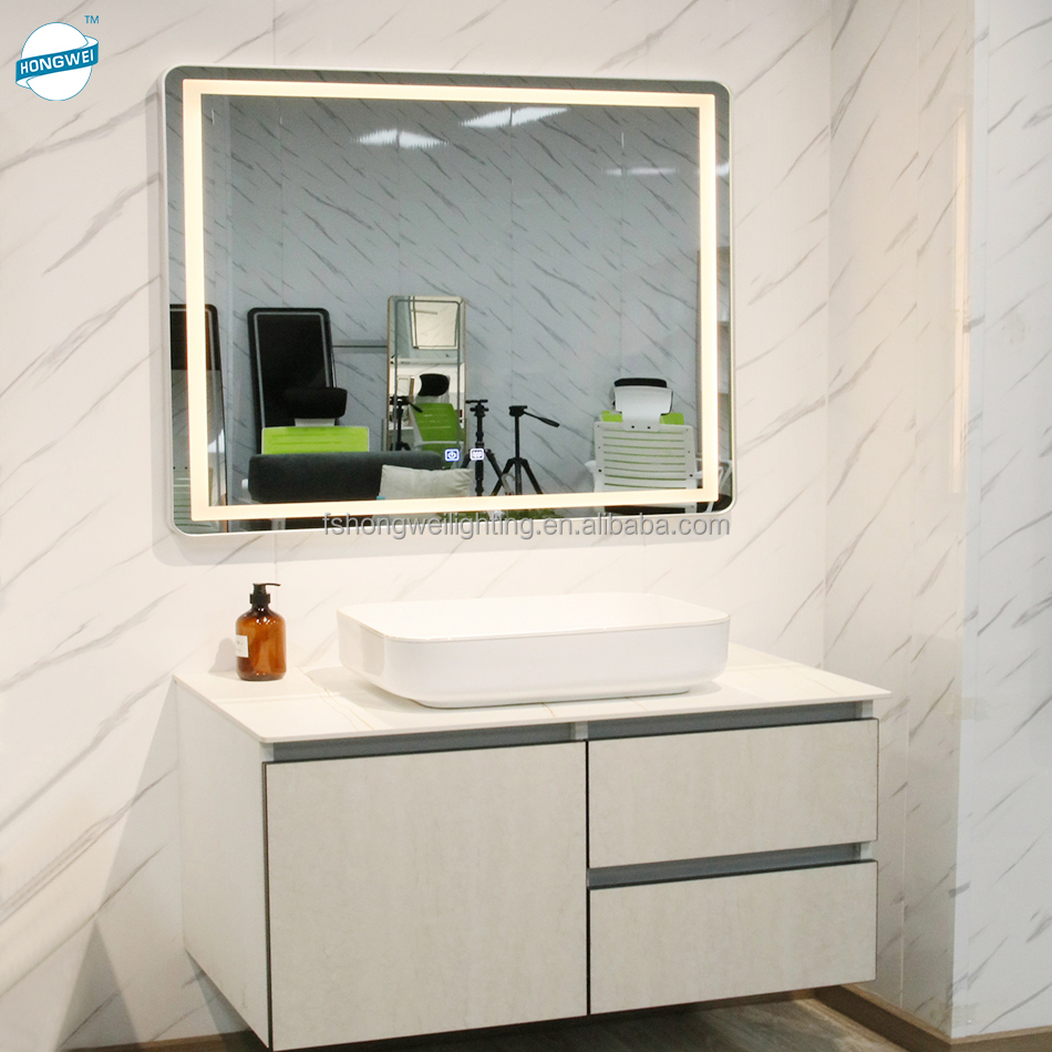 Amazon Toilet Anti Fog LED Lights Square Smart Bathroom Mirror with anti fog change color dimmable waterproof