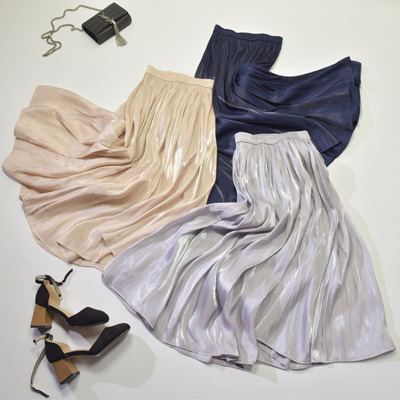 INS hot skirt summer 2021 new silky pleated skirt mid-length women's high-waisted skirt