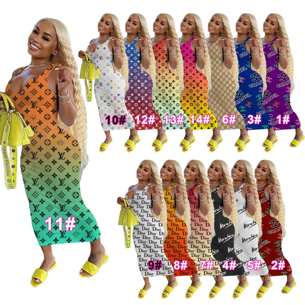 2022 Summer On Sale Trendy Letter Print Plus Size Tank Top Bodycon Maxi Dress Women S-3XL Long Casual Dresses