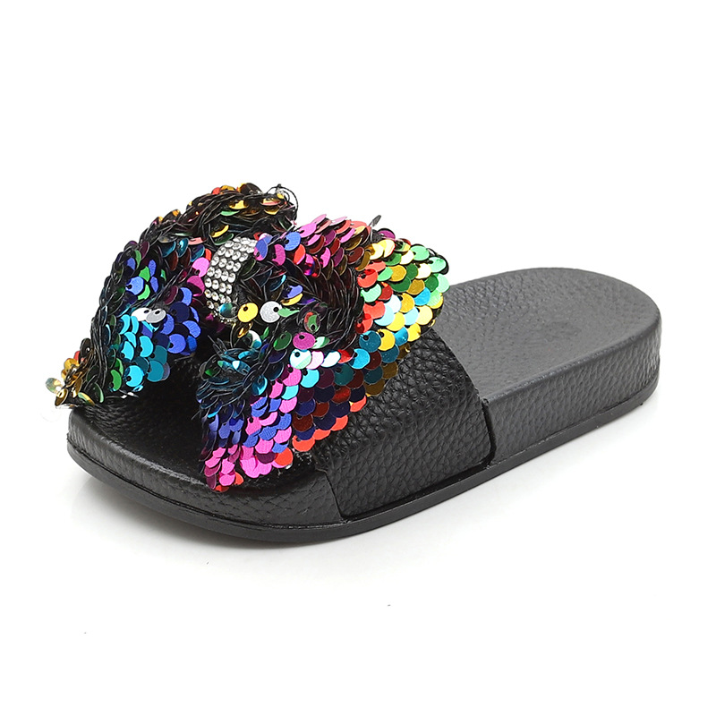 Children's soft-soled non-slip slippers, summer children's bow wear-resistant slippers, girls' sequined beach slippers