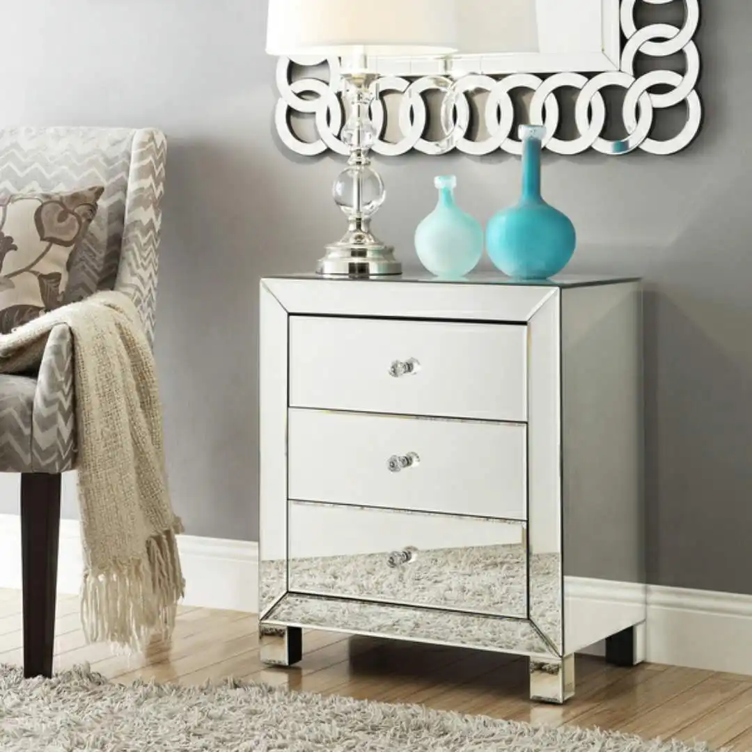 Bedroom Furniture 3 Drawer Bedside Table Silver Mirrors Europe Design Night Stand Accent Table
