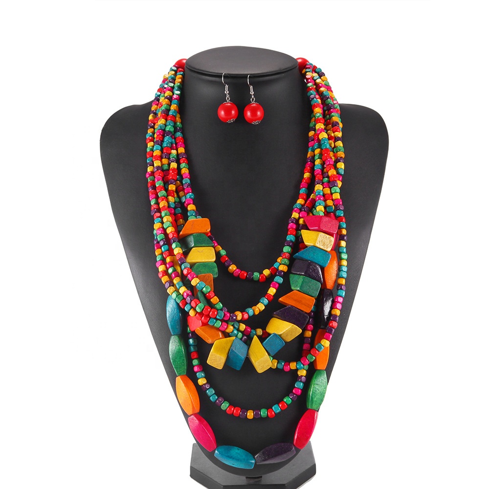 Vintage fashion bohemian multilayer handmade colorful bead woven African pendant necklace for women