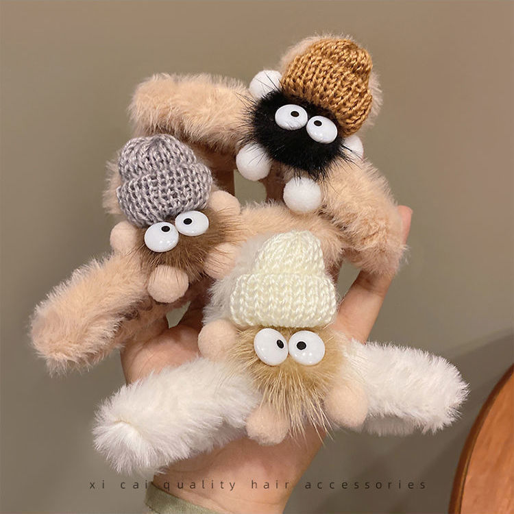Autumn Winter Cute Mink Hair Large Shark Clip New Coal Ball Plush Durable Acetate & PC Material Hairpin for Women