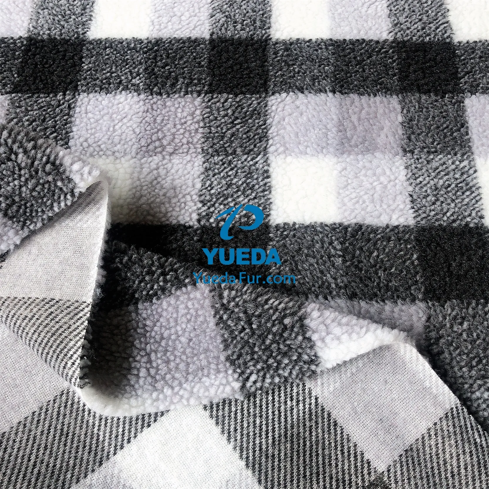 [ YUEDA Fur Factory ] 100% Polyester Check Borg Sherpa Fleece Fur Fabric Color White Light Grey And Dark Grey