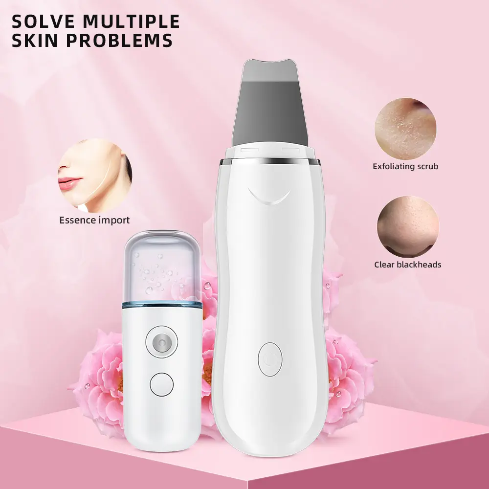 Professional face exfoliating device deep cleansing ultrasonic facial skin scrubber