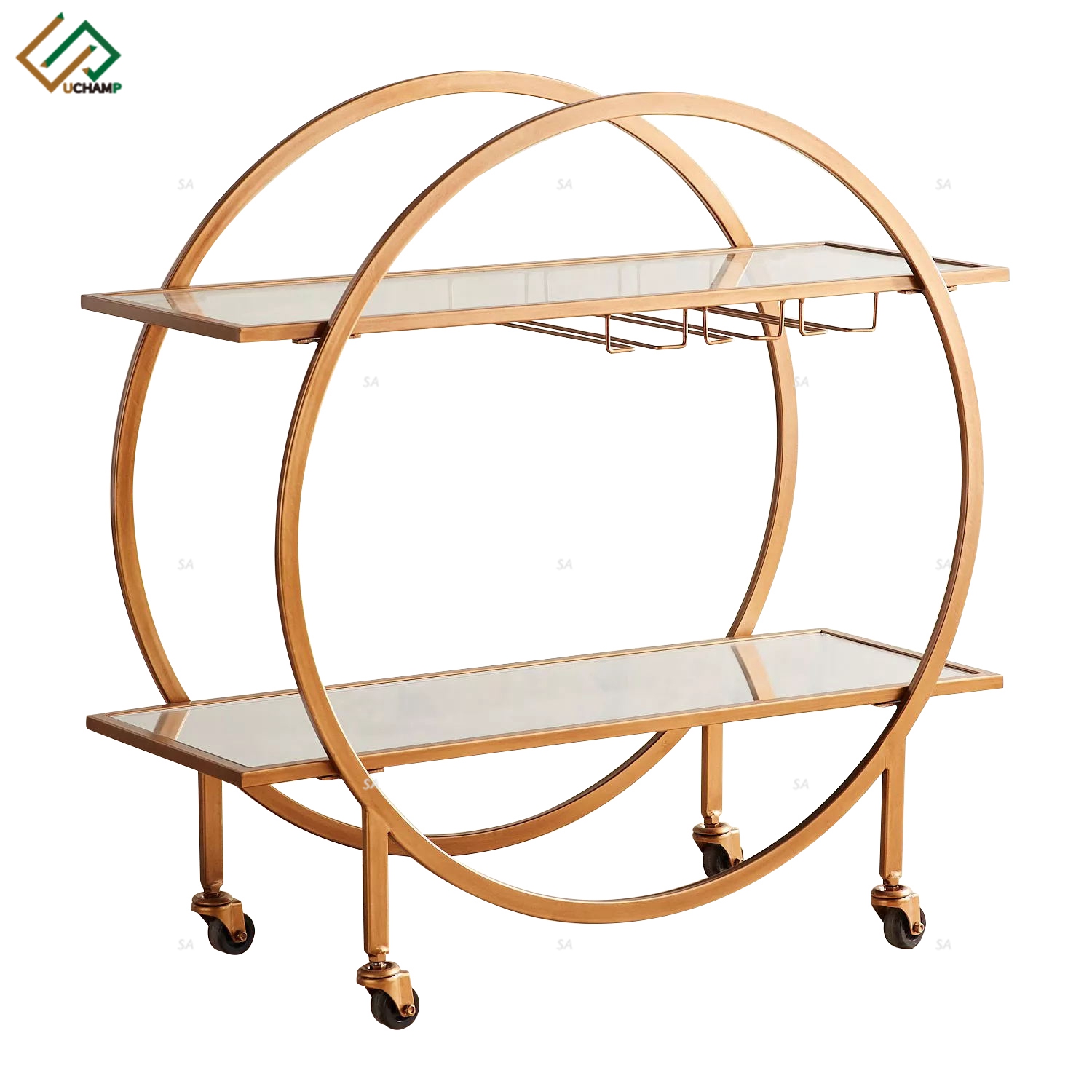 Gold Metal Circular Bar Cart With Wheels