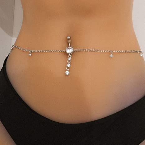 Rhinestone Belly Button Ring Beaded Piercing Navel Waist Chain Vintage Crystal Waist Chain for Women and Girls