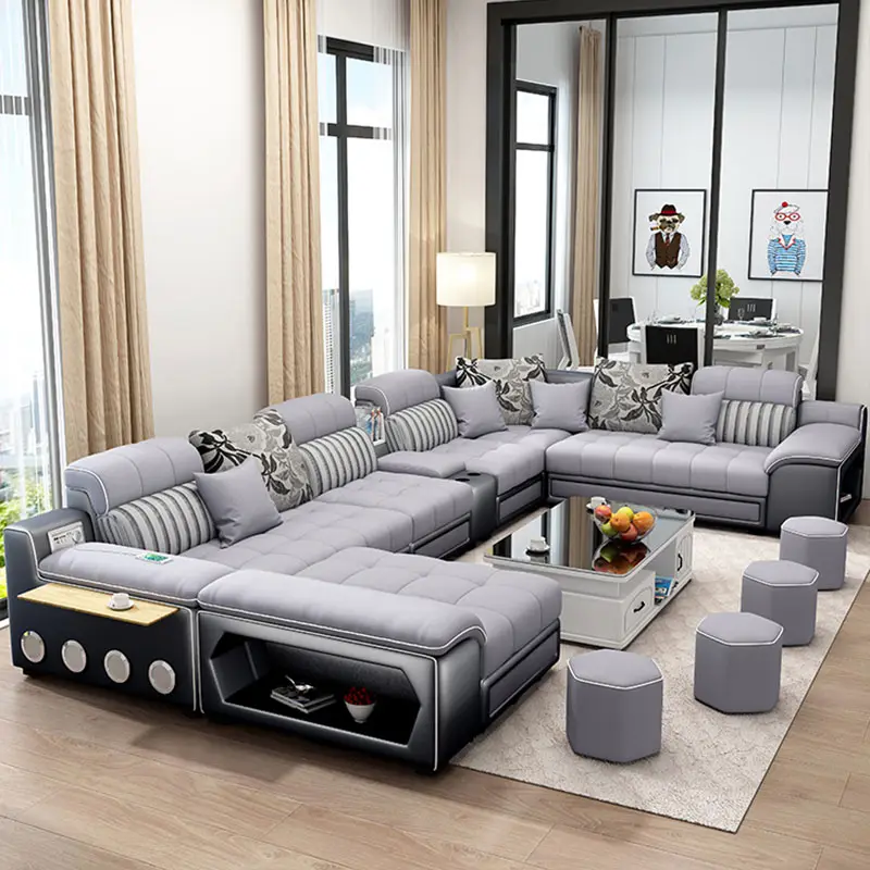 European luxury wooden 7 seater frame fabric cover U shape sectional corner sectional living room sofa set with chaise lounge