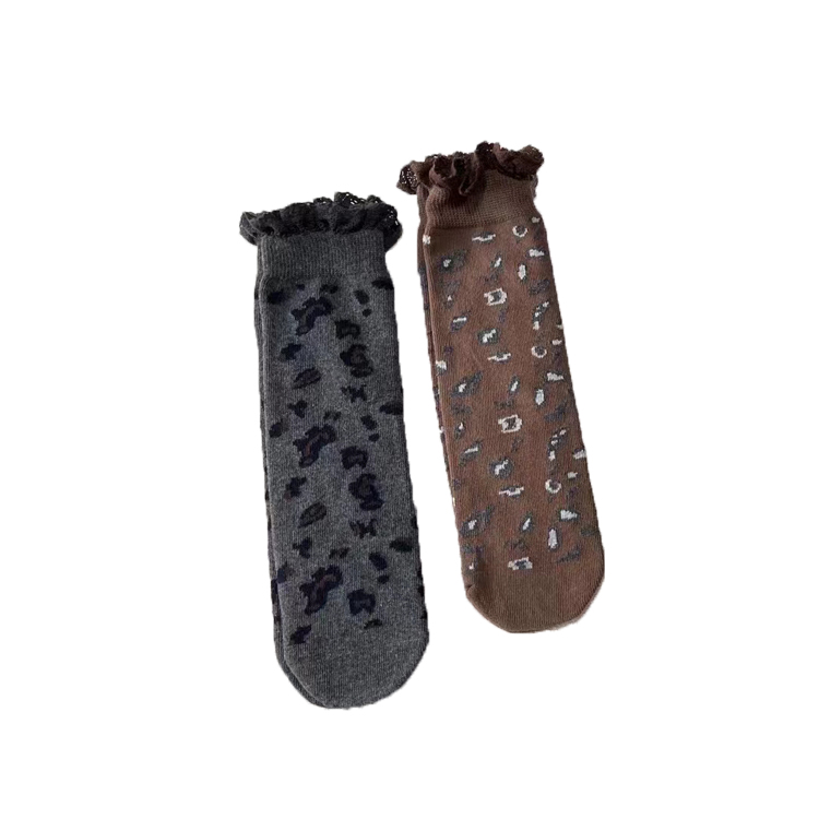 RTS Girls Heelless Sock Leopard Printed with Lace Children In Tube Socks Ready to Ship